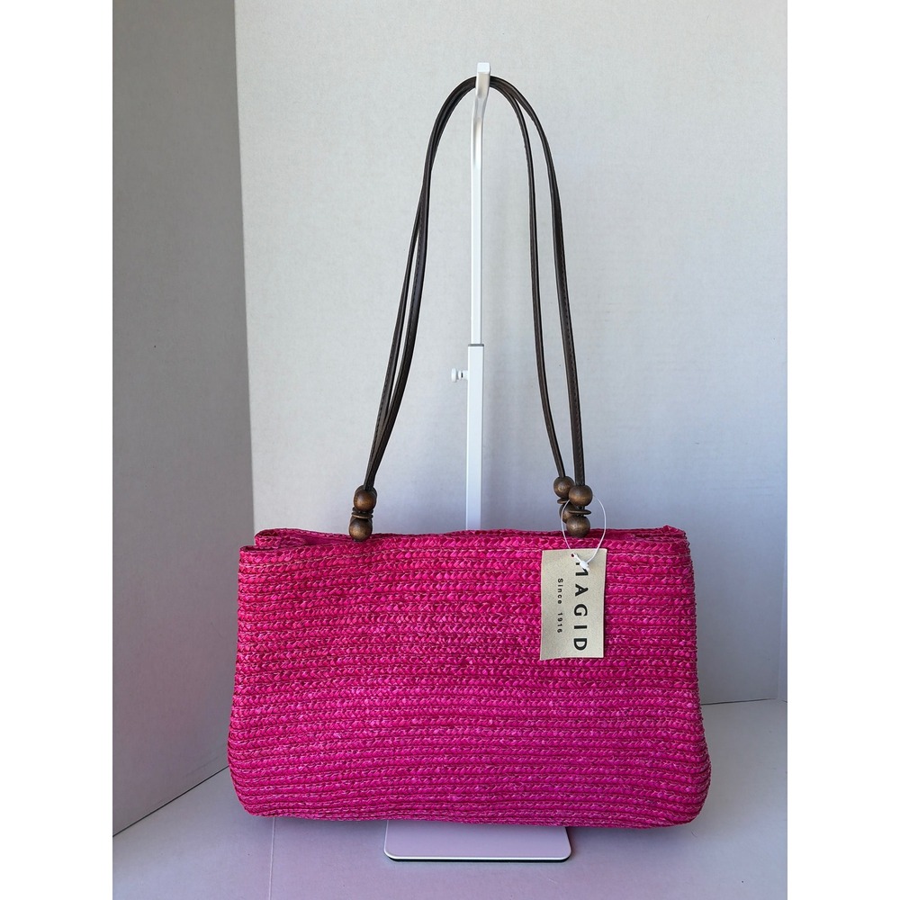 Magid Fuchsia Pink Straw Shoulder Bag M303S Woven Tote with Wood Beads‎ NEW